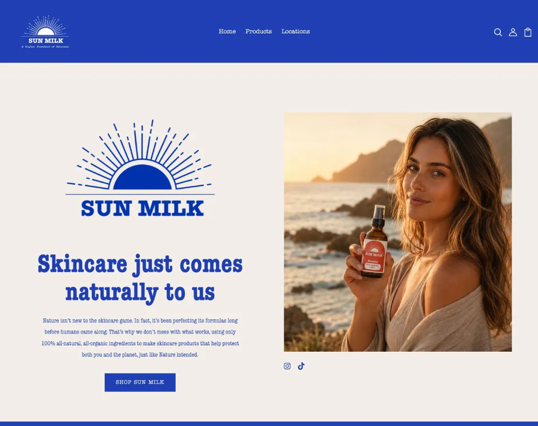 SunMilk storefront with its blue sun logo, the headline Skincare just comes naturally to us and a product photo.